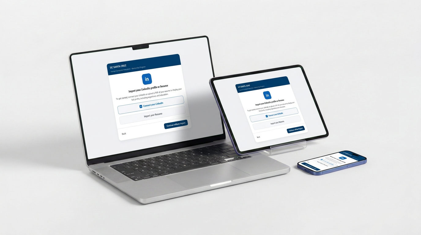 Mentorship Platform import screen shown across laptop, tablet, and phone